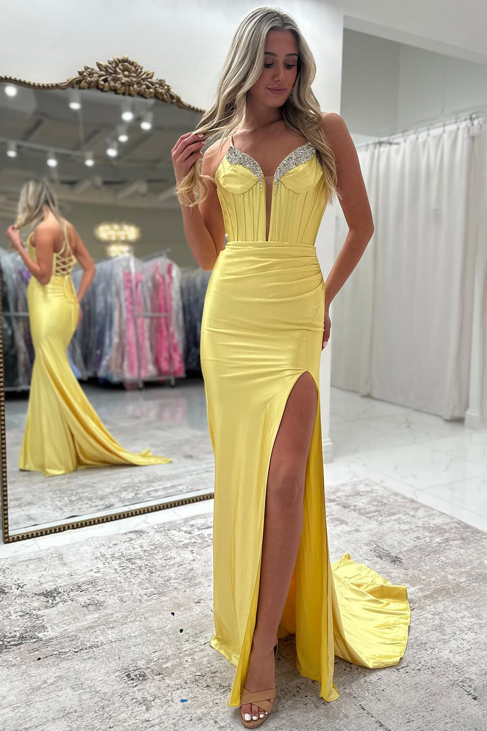 Yellow Mermaid Spaghetti Straps Lace Up Long Prom Dress With Beading and Leg Slit