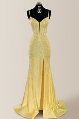 Yellow Sparkly Mermaid Spaghetti Straps Lace Up Long Beaded Prom Dress