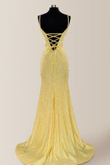 Yellow Sparkly Mermaid Spaghetti Straps Lace Up Long Beaded Prom Dress